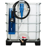 White industrial tank with blue and red hoses and connectors on a black background