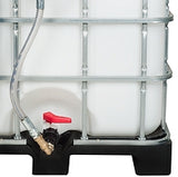 White IBC tank with black valve and hose on a black platform