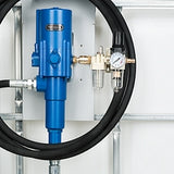 Blue pressure gauge with black hose on a white background