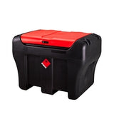 Black storage box with a red top on a white background