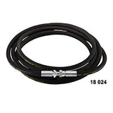 Black garden hose with metal fitting on a white background