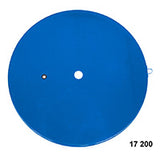 Blue circular object with two holes on a white background