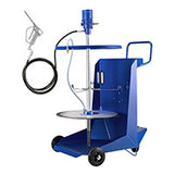 Blue oil filter draining cart with hose and funnel on a white background
