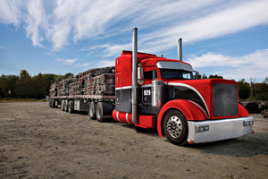 Photo of a red transport truck with the b2b logo on the door