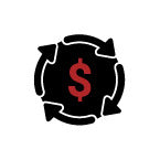 Blacking circle with 4 arrows surrounding it with a red money cymbal in the middle